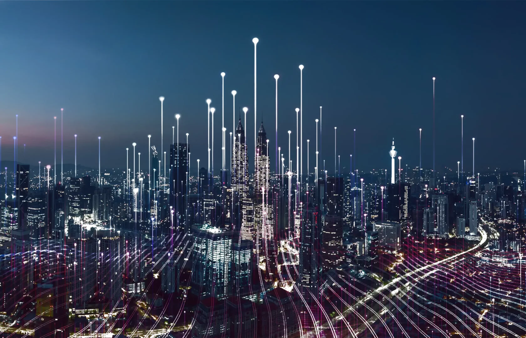 City skyline at night.