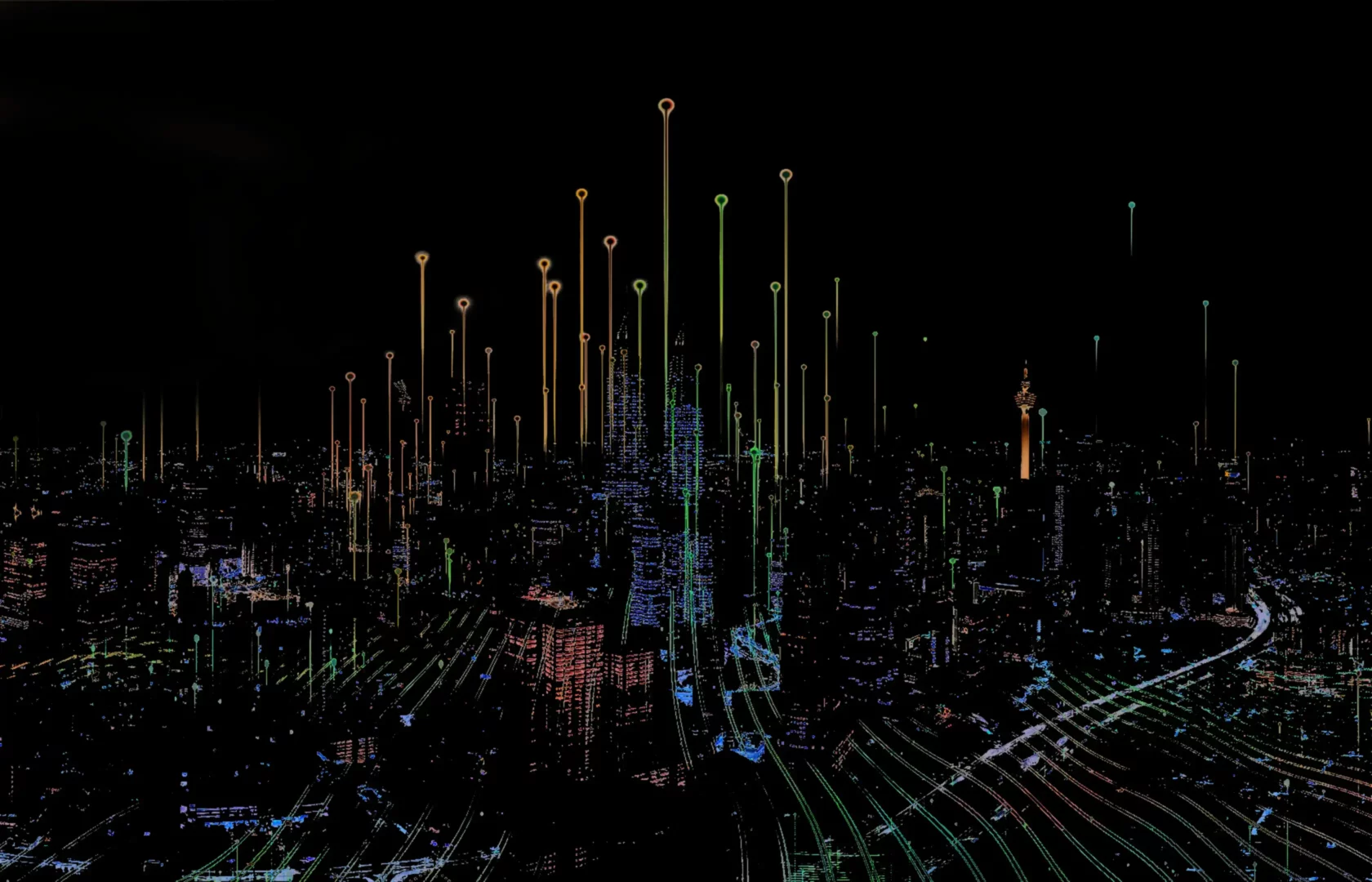 City skyline at night.