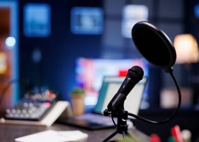 Microphone in an office used for podcasts