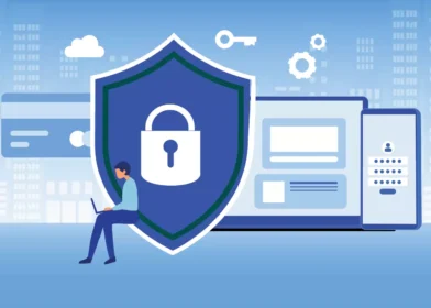 Laptop and shield highlighting fraud prevention and security