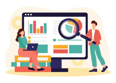 Business using marketing data shown on a screen